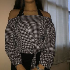 Plaid off the shoulder w/tie